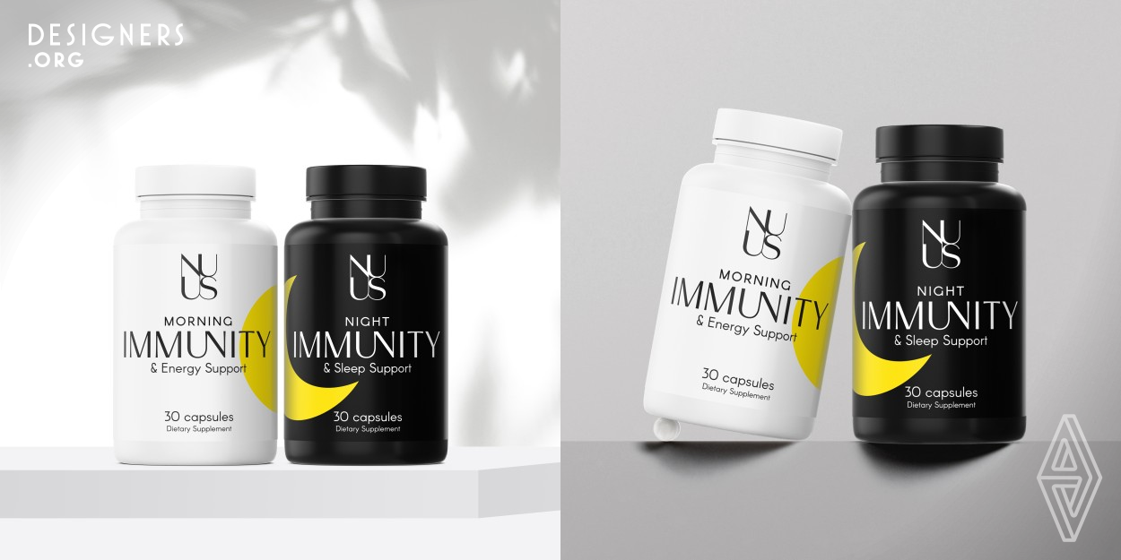 Immunity supplement packaging. The design showcases two bottles of day and night capsules. The morning capsules come in a white bottle while the night capsules are in a black one. Black and white packaging reflects quality through simplicity and minimalism. To add an engaging twist, these designs use simple sun and moon shapes in yellow to catch the eye. Yellow shines with optimism, happiness, it instills energy, evokes pleasant feelings and captivates the viewer with ease. The labels use an uppercase font, which gives a pleasing aesthetic and portrays the brand as trustworthy and sincere.