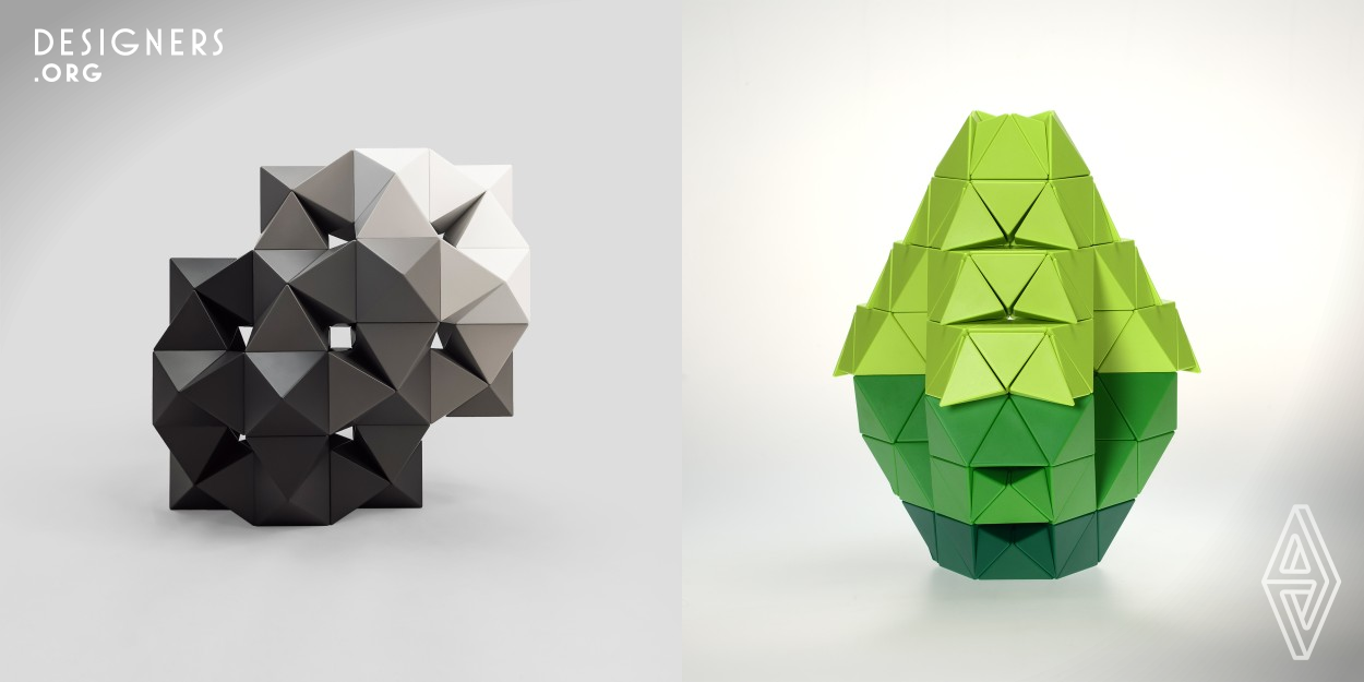 Trido Art is a set of magnetic blocks that can be used to create design of a decor piece. Thousands of structures can be easily built of these pyramidal shapes of tetrahedrons, octahedrons and half-tetrahedrons. Thanks to a unique magnet system, each side of every shape connects to each other aligning along the edges and with no repealing, which allows limitless construction possibilities. Trido has a harmoniously balanced color palette that makes shapes look even more complicated and attractive. Trido is a distinctive inspirational tool to awaken an artist in each of humans.
