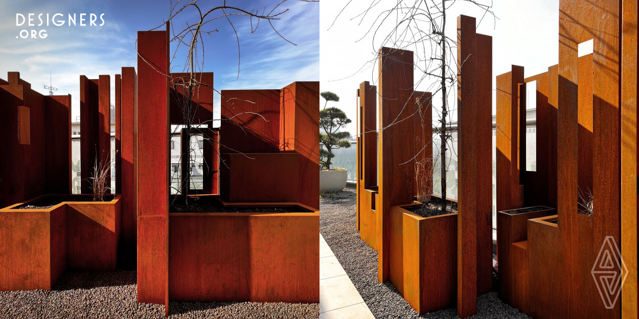 The warm color and the special shape language are real eye-catchers. The original shapes of these troughs are figurative sculptures, which were simplified to create a combination between sculptures and useful objects. The material used Corten steel, these troughs remain for eternity. They are indestructible and are constantly changing due to the permanent rusting, which was not stopped here on purpose. It is intended to represent change and transience.