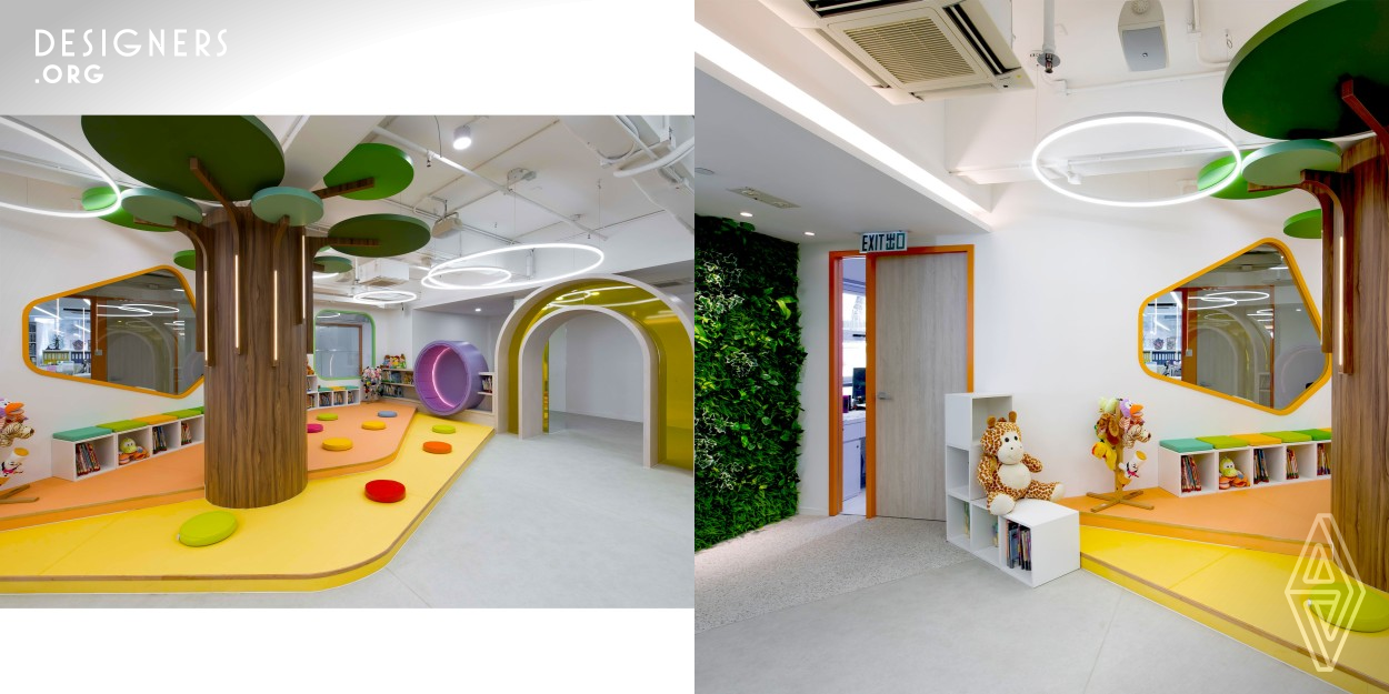 Treasure Kids Library project is quite a challenge, as it is a small area with multi functionalities; mainly acting as a library, it will also have public seminars, kids workshops, teacher training, interactive lessons, storytime, etc., so the design should have a multi-lighting setting, and different floor levels and cave arches to separate different zones. The space integrates bright colors, shapes, and extra large fixtures like curve arches and bookshelves, making it look like fairy tales.