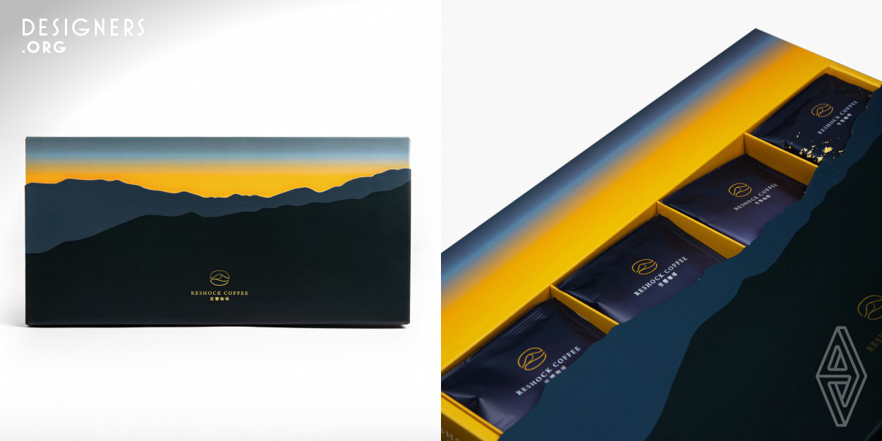 Reshock Coffee is a Taiwanese brand from Chiayi County. The founder selects good quality coffee beans that is grown in Ali Mountain, and introduces them to the world. The design of Reshock Coffee is inspired by the beauty of sunrise view at the mountain. The logo illustrates the atmosphere of this beautiful vibes. The gift box presents the journey of sunrise expression, and the inner packs show the nature and culture elements from these enormous land. By unboxing the box, you could not only taste this good quality coffee but also experience this impressive sunrise moment from the mountain.