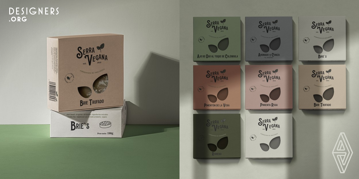 Packaging design for the entire range of products for a small company that produces cashew ferments and vegan cheeses. Handmade from plants with 100% vegan natural ingredients. The brand promotes the vegan lifestyle by eliminating actions of exploitation or animal suffering, as well as reducing its impact on the environment. The redesign and branding of its packaging was based on these brand premises, to emphasize the values and ethics of the brand. These premises can also be seen in the material used for the new packaging, recycled material.