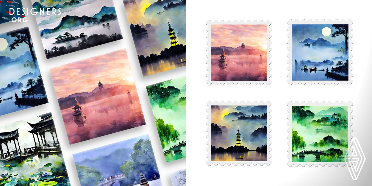 Endless Scenery shows the unique charm of the ten views of West Lake in the way of watercolor painting. The work depicts the charm of West Lake through bright colors and freehand brushstrokes. It is worth mentioning that this work uses the emerging AI painting as a design aid, which contains the connotation of the work in this beautiful graphic design in an unusual way.