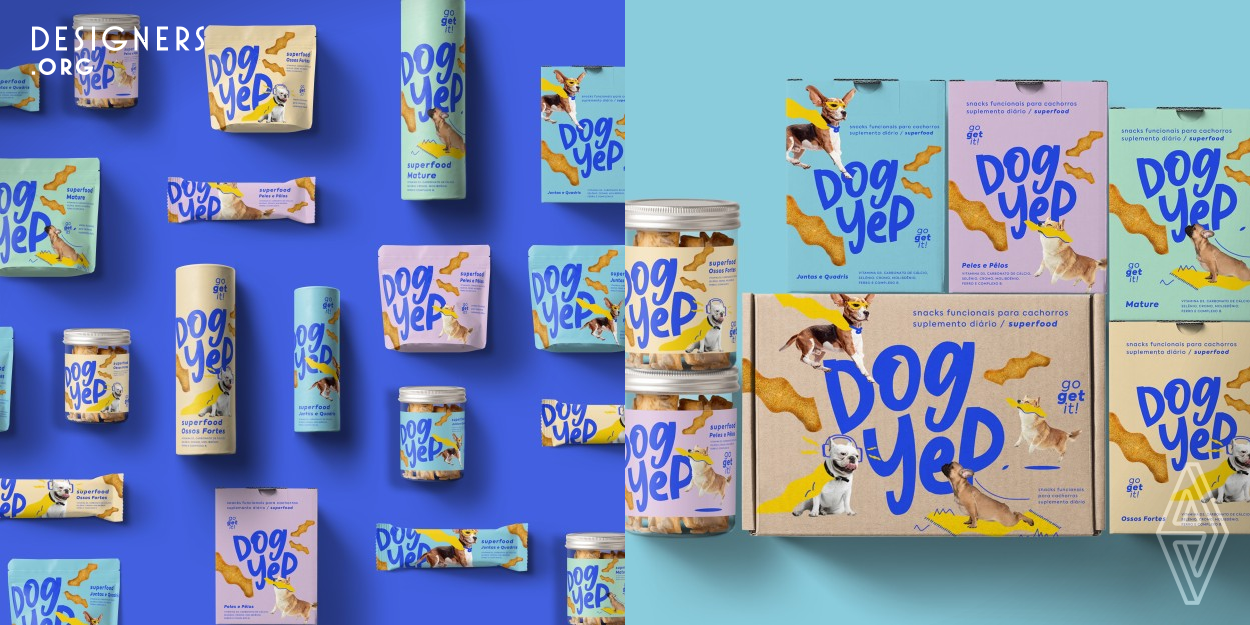 Dog Yep's design stands out by using fun and dynamic graphic elements, which can catch the buyers' attention on the shelves or through e-commerce. The use of bright colors and illustrations tries to create a playful scenario and invite people to look at the packaging. The color palette and the dog images can easily identify the product, helping the consumer to be comfortable and certain while buying it.