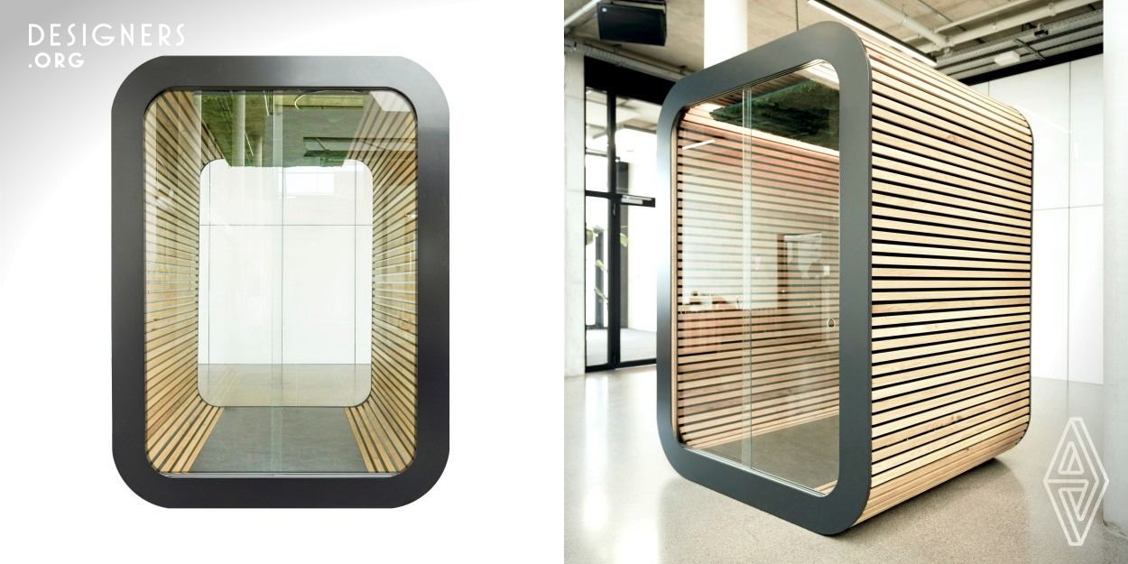 Solarlux acoustic phone booth is a special type of phone booth that provides a private and soundproof space for phone calls or video conferencing in commercial buildings. It is a valuable tool for creating a private and productive working environment in shared spaces. A unique feature of this solution is its flexibility - the table and seat can be concealed in the wall. The booth can be easily disassembled and moved to another location. Almost exclusively sustainable and recyclable materials were used in the construction. 