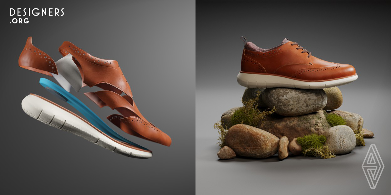 The project was made to show all the features of the product in a fun way by being informative but without being annoying. The purpose was to show the construction of the shoe. The inspiration came through the research about elements that could represent the product, like nature with all the colors and moods. The shoe was modeled using photographs as a reference and hard surface 3D modeling techniques. For modeling, designers used the software C4D. All the textures were made using leather texture and some photoshop brushes. Vray was used for rendering and Houdini for Simulations.