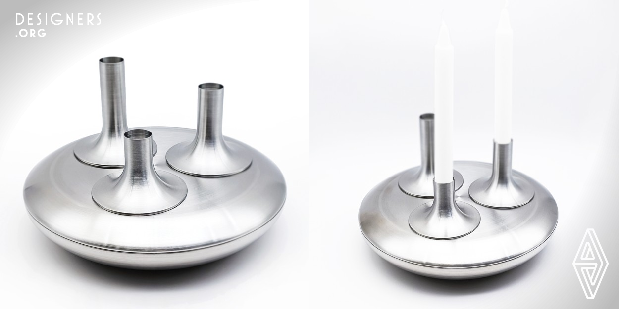 Utospace is a functional set of stainless steel planters and candleholders made of SUS316 (SS 18/10). It can be used as a planter or holder for candle pillars or sticks. There are 3 candlestick holders which can be removed and used individually. The base can also act as a tray for separate use. The design idea of Utospace comes from the ideal country of Utopia and the Asian philosophy, the Analects of Confucius Zilu, both of which also represent a kind of spiritualism, harmonious integration, and great unity. 