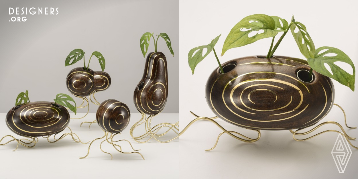 Creating value for the discarded and leftover of wood from furniture industry by using metal inlaying techniques on an organically spherical wood surface. Inspired by life form of growing seeds, brass wire is embedded on the wood grain, and extending out as the shape of the roots grown to support the wooden vase. The pattern has functional uses as wood leftovers are made into a container for planting, resembling a sprouting seed, symbolizing the cycle of life. The flowing metal root shape gives a sense of vitality, resembling a moving organism.