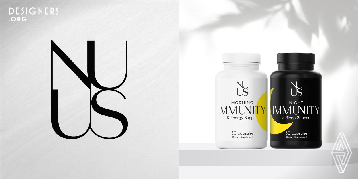 Immunity supplement visual identity. The logotype seamlessly blends four bold upper case letters into a cohesive image. Created using a sleek and elegant font, this logo is at once modern and timeless, conveying a sense of professionalism, sophistication, and strength. The morning capsules are contained in a white bottle, whereas the night capsules are placed in a black bottle. The black and white colors reflects the highest quality. Additionally, to make the design more appealing, these designs use simple sun and moon shapes in yellow to catch the eye.