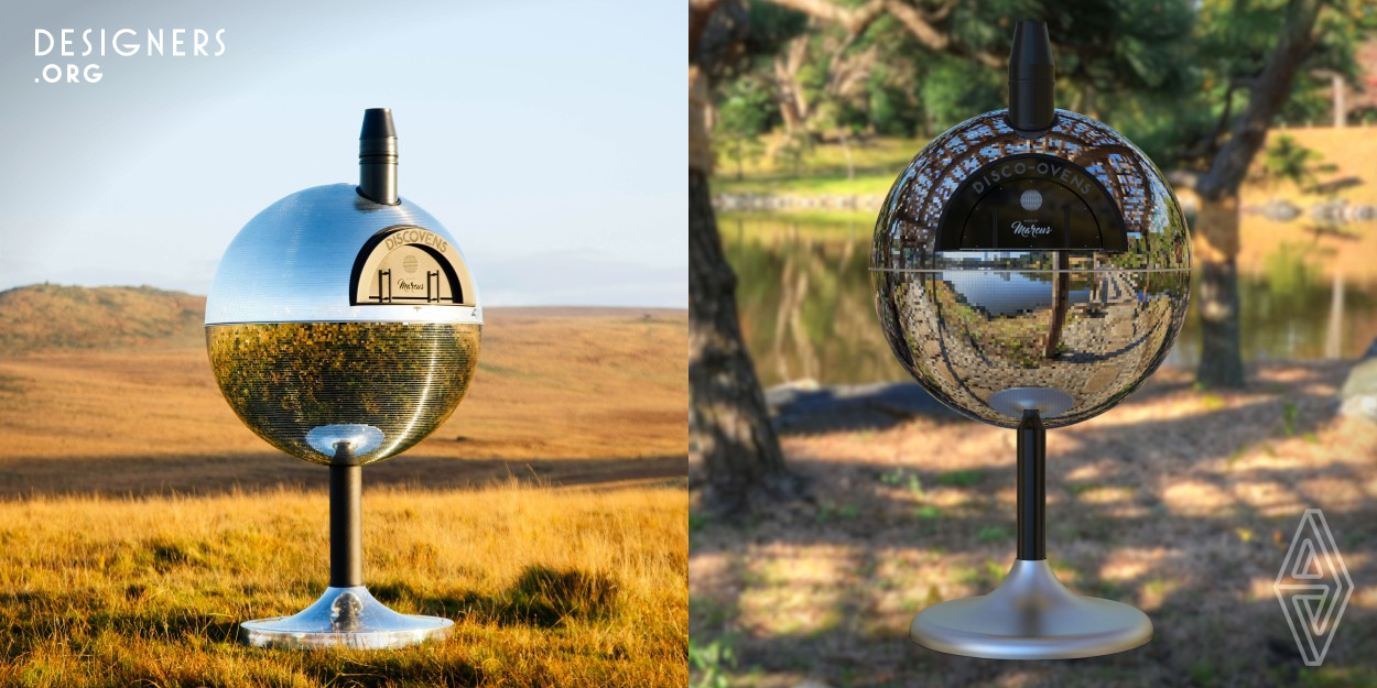 An Outdoor Wood Oven; an object of beauty and function; 110cm diameter 360-degree rotating sphere, with over 34,000 hand-fitted mirrors, a traditional stone core oven with cordierite cooking base. Heats up to 400 degrees in 20 minutes to cook Neapolitan pizzas in 90 seconds. Can be used to cook many other dishes in skillets, with good thermal mass to slow cook at lower temperatures. Has a twin wall flue system and engineered stand to be free-standing on any hard-level surface. 