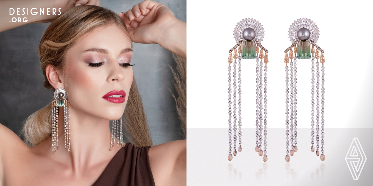 The Tuscany Earrings were inspired from Pavit Gujral's trip to Italy in 2019 where she was awed by the beauty of the Tuscan region. The earrings have been set in 18K White and Rose Gold with bicolored Tourmaline, Tourmaline Briolette's, Tahitian Pearls, Diamond Baguettes, Diamond Beads and Round Brilliant Diamonds. Pearls depict sun surrounded by Diamond baguettes, beads and rounds brilliants as rays. Bicolored Tourmaline has been handpicked by the designer, keeping in mind the Tuscan colors, surrounded by Brown Diamonds road that is flanked by the iconic Cypress Trees of Tuscany in rose gold.