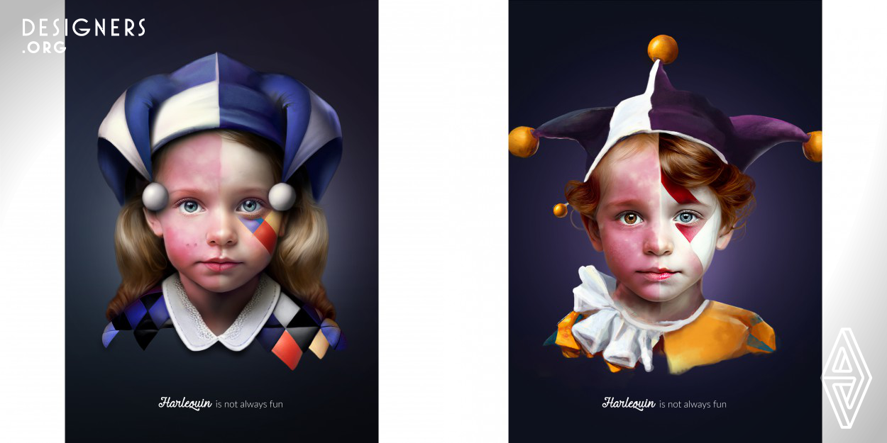 The ad campaign aims to raise awareness about Harlequin syndrome. This is a syndrome affecting the autonomic nervous system and is associated with absence of sweating and flushing of skin on one side of the face. The agency developed key visual illustrations which are based on the juxtaposition of the different representations of harlequin aiming to shed light on the disparity between the comical representation of the character and the reality of living with Harlequin syndrome, emphasizing the need for greater understanding and awareness of the condition.