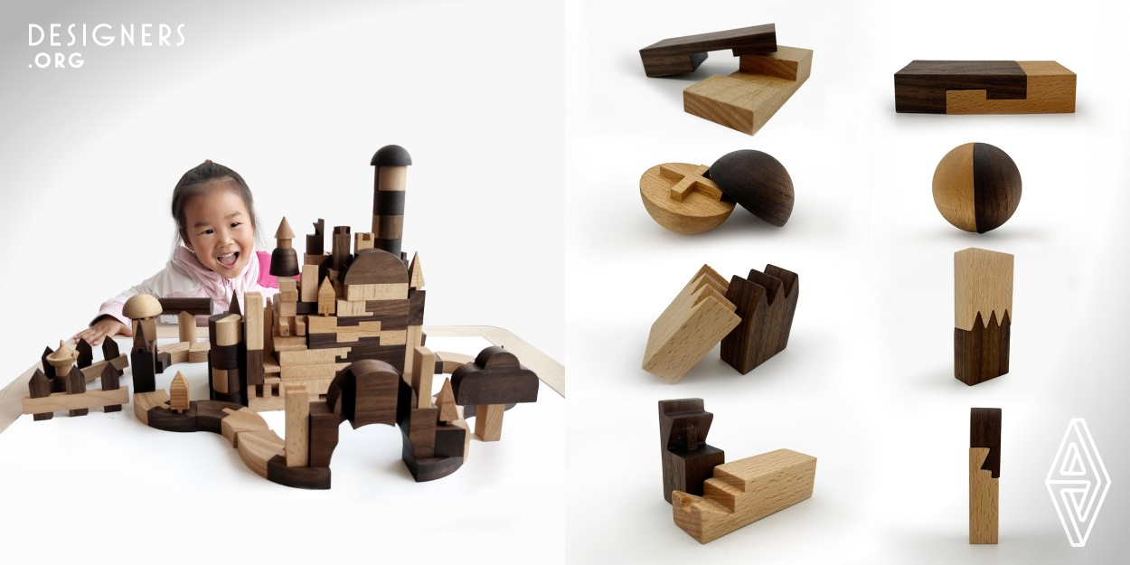 The tenon and mortise building blocks are 211 pieces in total, extracted from the traditional Chinese tenon and mortise structure and simplified into 30 simple tenons and mortises (such as square dovetail, T-shaped tenon, etc.) suitable for young children to play. The tenon and mortise are made of dark black walnut wood and light beech wood, respectively. The natural color and simple wood sense make children feel the power of nature in play, and learn the wisdom of the ancients.