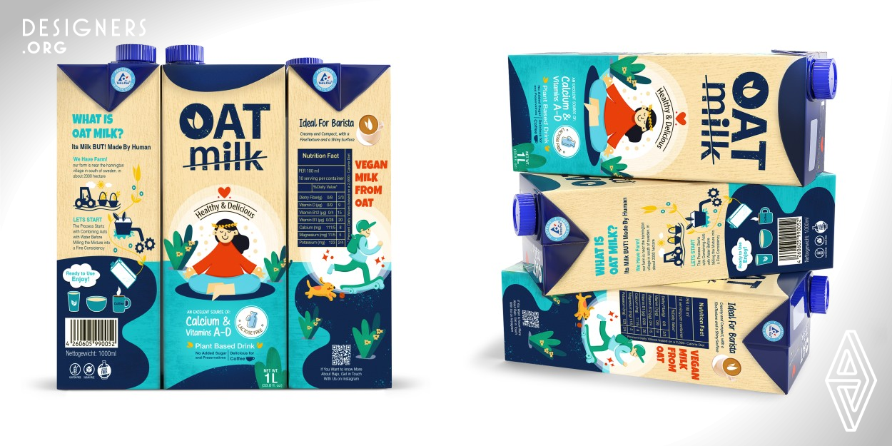 The design presented for this product points to the results of using it in life. Oat milk has countless properties. As a result, it can bring vitality, happiness, and health to the consumer. In the presented design, the depiction of young people with different lifestyles is included, which points to the uniqueness of the product. Also, the type of healthy lifestyle is included in the images in a subtle way to attract the consumer's eyes and senses to the countless properties of this product.