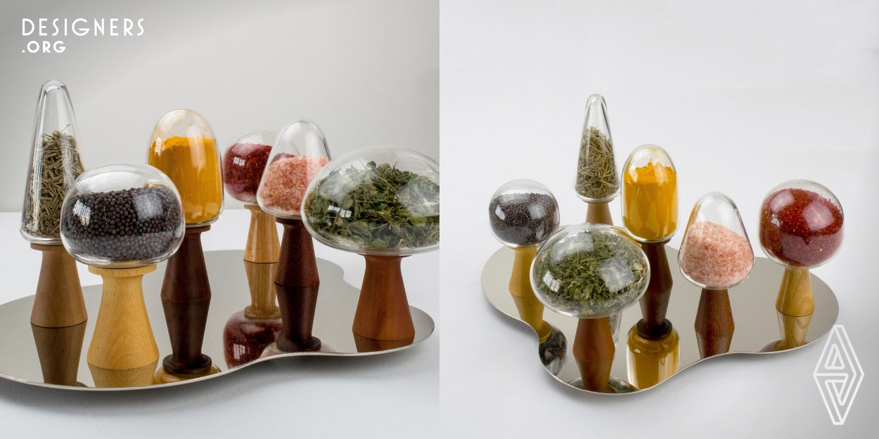 The Tree Story Container Set is driven by a desire to connect everyday patterns of living to the simple pleasures of the world around us. Sitting together, our little forest delightfully holds the most commonly used herbs and spices. The six different glass containers are drawn from the sheer diversity of tree canopy shapes throughout different regions of the world. All pieces are hand crafted in New York City. Material for the containers are culled from leftover, solid wood offcuts, with species grouped to reflect particular regions of the world. Tops are made of a lead free cast glass.