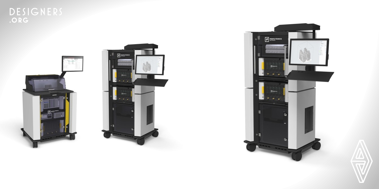 The Profectronics Rack design family is characterized by upward and downward compatibility within the product family. In addition to the centered 19 inch rack system, the Rack R90 and Rack R180 also have one or two easily accessible installation spaces on each side. These provide space for electrical switchgear assemblies, IT systems or similar. Due to the design separation of the 19 inch core and the installation spaces, highly sensitive measuring devices can be combined with conventional electrical devices and all this in a single mobile system.