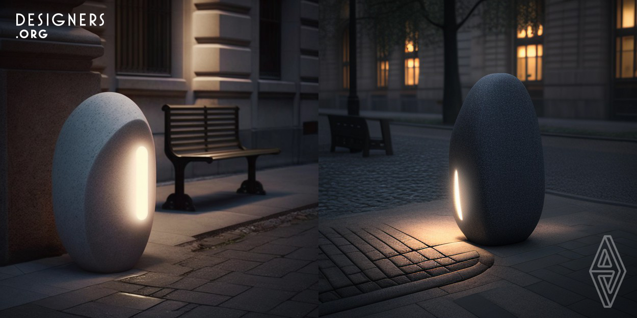 The Pebble is a sculptural street lighting device, that also operates as seating-leaning furniture, with irregular pebble-like geometry. It recycles the sludge waste generated during the cutting of andesite stones. Andesite is the most widely used natural stone in the construction industry, which yields tons of waste that is significantly rarely reused. The Pebble uses the tactile qualities of the material and blends into the urban environment tectonics. It emits light from a slit.