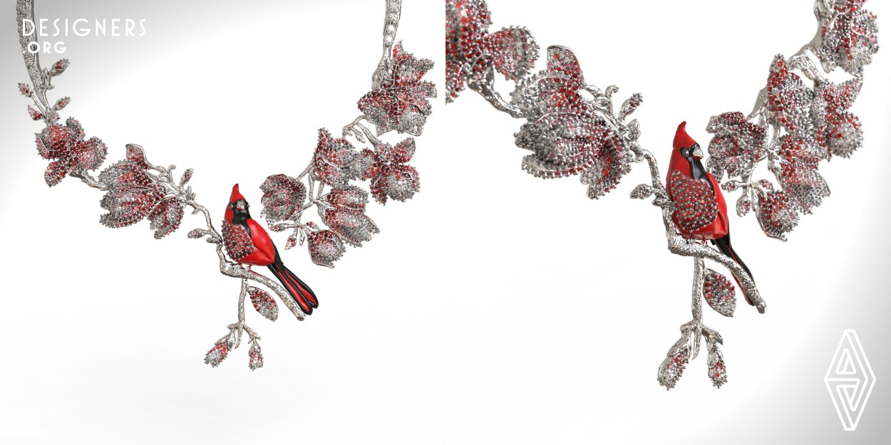 The Magnolia and Red Cardinal Necklace is a stunning jewelry piece made of white gold, diamonds, rubies, onyx, and coral. The necklace features a magnolia pendant with intricate petals, adorned with diamonds and rubies, while the magnolia's center is set with vibrant rubies. The necklace chain alternates between diamonds, coral, and onyx, providing a dramatic contrast to the pendant. This timeless piece is a celebration of nature and a symbol of elegance and sophistication.