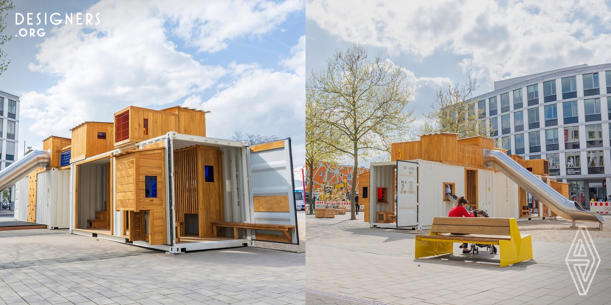 Brought by truck, unfolded, swung and set up - the new playground is ready! KuKuk Box is a new category of extraordinary public playgrounds for children. Made of shipping containers, natural wood and stainless steel, it creates a magical space that invites children to climb, swing, jump and balance. The new look is a perfect combination of industrial design and traditional craftsmanship that brings fun and joy to a new generation, mobile and trendy.