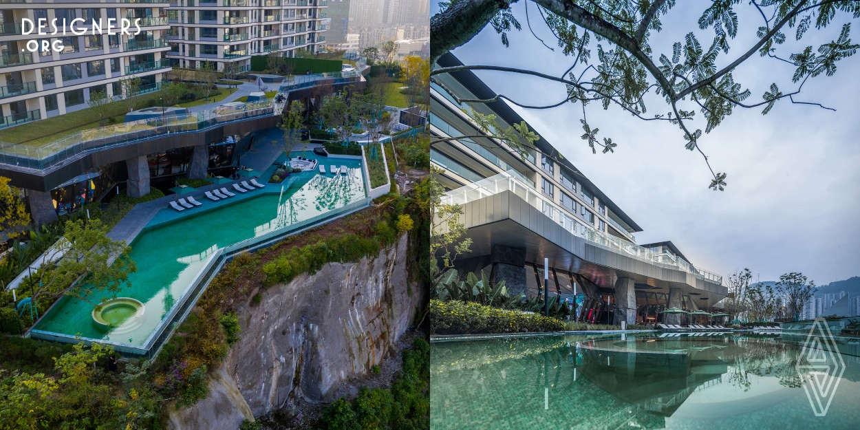 The project is located at the city of Chongqing which is characterized as the city built on the hills and mountains. The building is built on a very unique site which is on top of a steep cliff with a spectacular view over the city. The concept of the building is to design a building that emerges into the landscape to cope with the uniqueness of the site. Crystal glass boxes are embedded into the ground and also semi outdoor spaces are created to provide leisure atmosphere with supporting amenities.