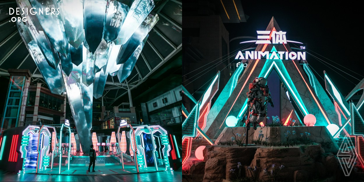 The immersive exhibition of the universe space, requested by the client Bilibili, was created within the famous large shopping center, Xi'an Gpark. An inverted high-hanging crystal city reflection was displayed by irregular LED screens, which created an eye-catching space accelerator. The original Water Curtain Square has been transformed into a giant space elevator. There were also amazing Planetary Gate and Civilization Gate. A mobile navigation system, interactive projection, artificial intelligence, AR, neon light, etc., were used to create an immersive experience for visitors.