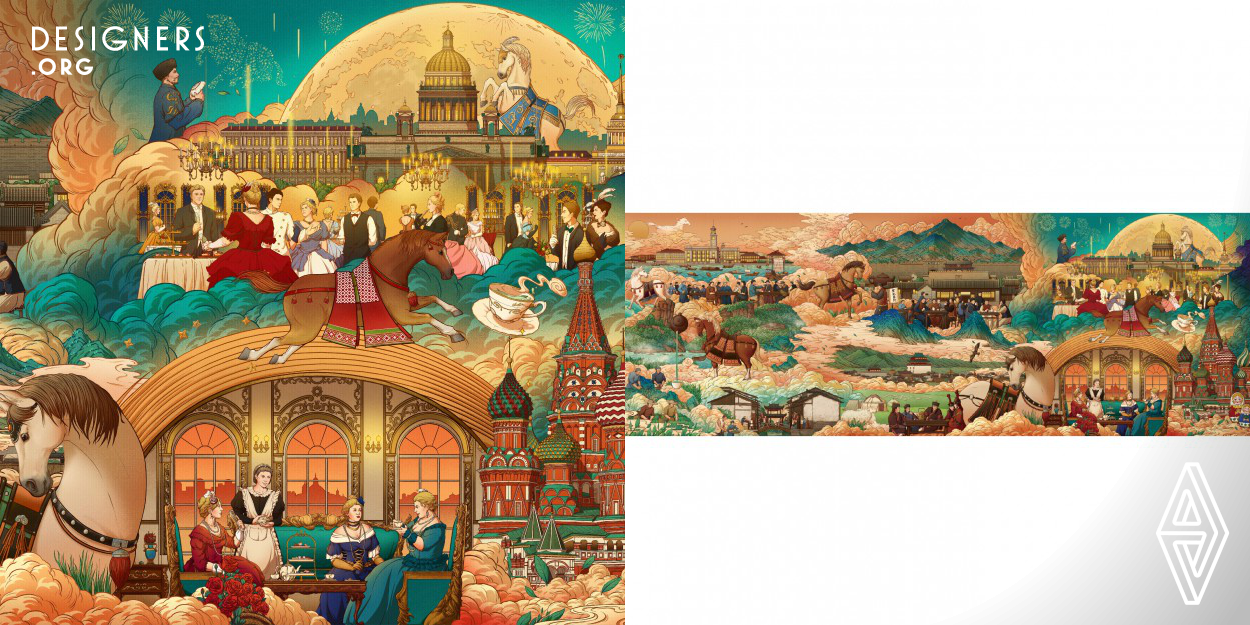 The two illustrations combine the two routes of tea transportation in China's history, namely the "Tea Road of Ten Thousand Miles" and the "Maritime Silk Road", using horses as envoys and running through the route of the Ten Thousand Li Tea Road. Every time they arrive in a city, local characteristics are integrated, and the image of horses is also different, mainly reflected in the form of horses and the patterns on their saddles. The pattern on the saddle will change according to the urban characteristics of the destination city.
