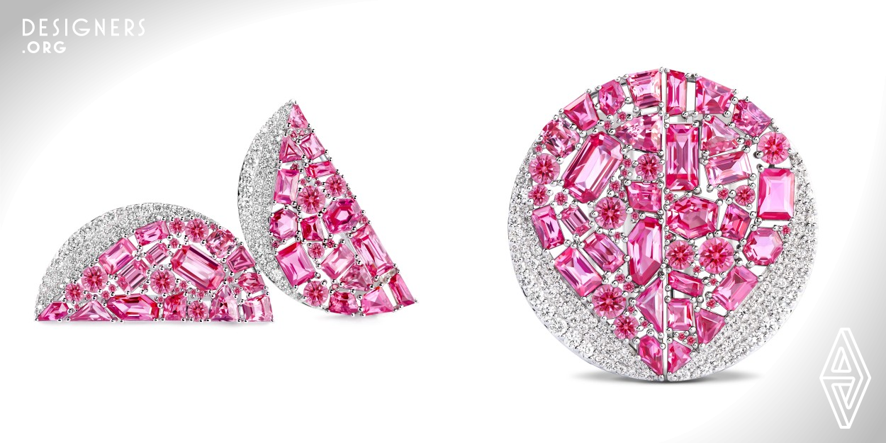 This is a pair of spring-inspired brooches, designed in a flat geometric style with two layers forming a petal motif. They are crafted to evoke nature when worn. Featuring irregular gemstones in a uniform color, specifically pink spinel, reflecting the romantic hues of spring. Wearable in multiple combinations, the collection includes 18K white gold, 5.724cts of pink spinel, and 0.376cts of diamonds, totaling 14.345g.