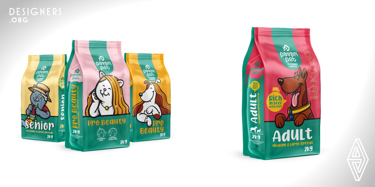 Normally, since humans consider pets as members of their families and children, the packaging design is cartoonish. The use of characters can strengthen the connection with the viewer and create an attractive environment. As a result, the packaging has a prominent and special visual connection. The animals' faces are very cleverly designed and their smiles and happiness are clearly visible, which shows the effect of this product on them. Using simple colors without details creates a better understanding of the image and purpose.