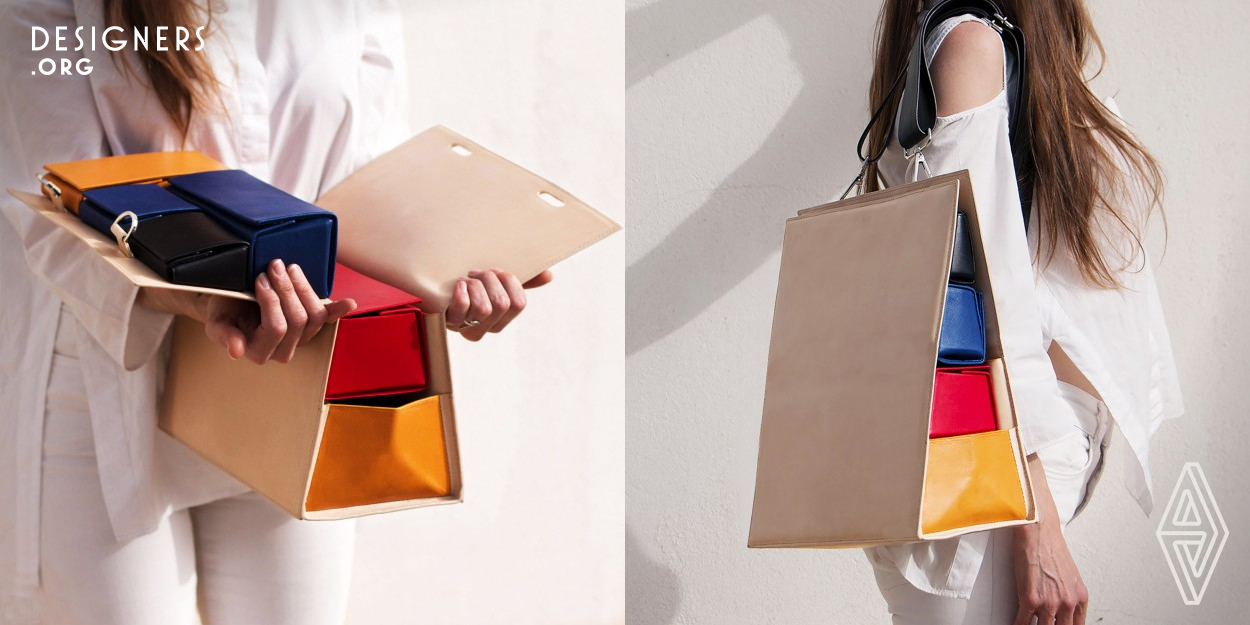 The Switch Bag is born from the pandemic's impact and mirrors the dual facets of human nature. It was inspired by architecture and the painter Mondrian. The outside of this object is minimal and silent, contrasting with the interior which has vibrant and colorful boxes. These boxes equipped with magnets can be moved and adapted to the user's needs. It morphs into a backpack, an office/nomadic home, a home decor object, or an organizer and adapts to diverse environments, echoing the resilience demanded in tough times.