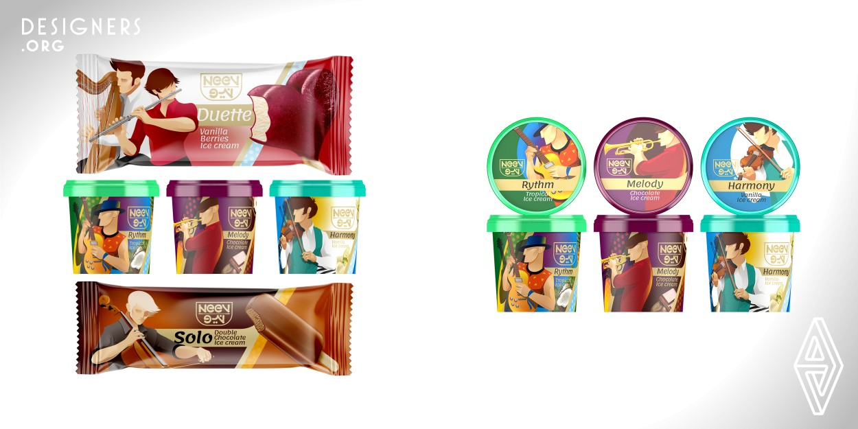 In this design, which is named with musical techniques, it is tried to harmonize the illustrations on the package with the name of each product. The illustrations are drawn in a simple way with a beautiful technique and various colors according to the taste of each ice cream. In the design of this packaging, an interaction between music and ice cream flavors has been created. The purpose of this packaging is to combine the different feelings of listening to music and eating ice cream. So you might want to experience it and listen to a piece of music with the same theme while eating ice cream.