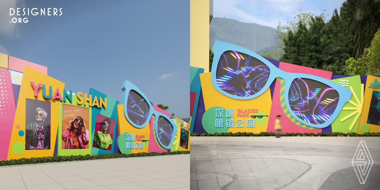 This is an artistic park installation centered around the theme of eyeglasses. The designer incorporates vibrant colors and fashionable elements into the design, integrating them with the eyeglass theme. The installation includes interactive screens, a photo wall, public seating shaped like eyeglasses, and large-scale interactive eyeglass structures, all seamlessly blending into the environment. Visitors can take photos and interact with the installations, enhancing their overall experience. These designs are free of sharp edges, ensuring safety for all.