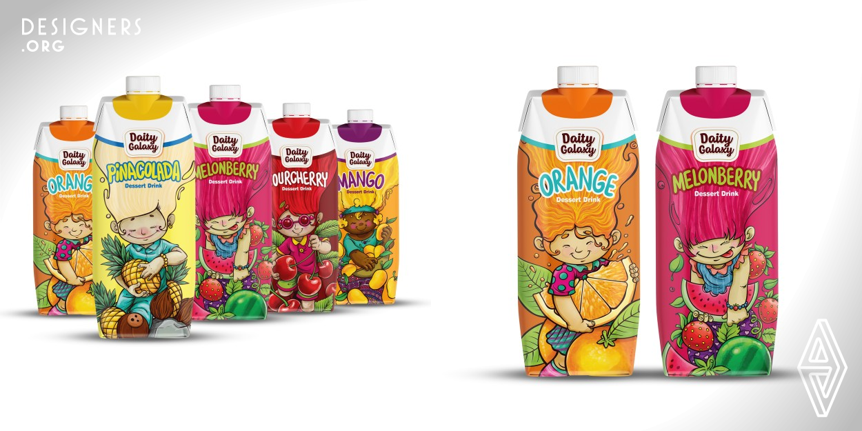 It is clear that this package is designed for children. The harmony between designs in different flavors is clear. All have a rhythm with beautiful colors and are designed according to a harmonious pattern, the hair of the characters is pulled up in a different way to focus the eye on the name and type of dessert. In this design, to draw more attention to the packaging, fantasy and childish characters are used, which are executed with the watercolor technique in the illustration part.