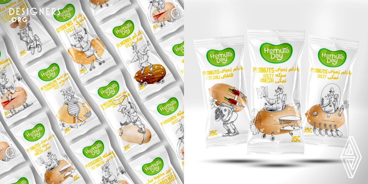 In the designed packaging, the character of Mr. Hernuta is one of the unique features of this packaging, which is an adventurous character in the world of nuts. Other features of the design include the simplicity of the packaging design (white background with a real image of the product using a black and white image as a fantasy). Each package tells a story of an adventure and at the same time, you see dynamic and special packages.