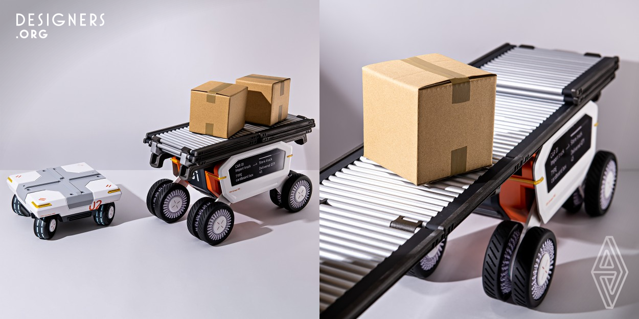 Cos Conveyer Pro is a vehicle designed to swiftly transport goods from large trucks to other trucks. It features an extendable and adjustable conveyor platform, allowing for the transfer of goods between trucks with different unloading heights. It can be used in conjunction with distribution vehicles and autonomous transport carts to efficiently distribute goods to various locations in the warehouse industry.