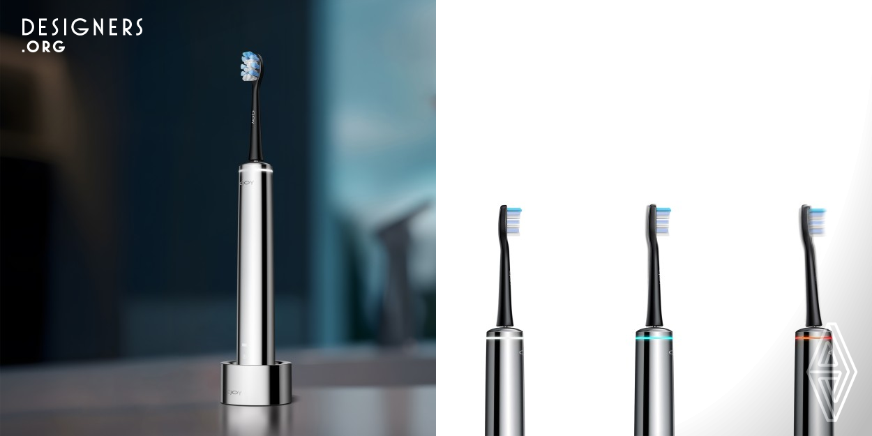 The CJOY iSense toothbrush stands out with its buttonless design. The sleek, integrated structure creates a unique and appealing look, attracting users to try its features. Its design offers a convenient way of brushing, allowing users to control the cleaning of each tooth by varying the pressure applied. Additionally, the toothbrush adjusts to the corresponding brushing frequency and pressure, making it significantly adaptable to the needs of users.