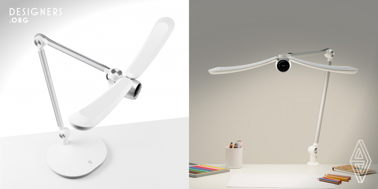 The Silver Wings desk lamp is an eye protection lamp designed for children. It has a long curved light source that disperses light from each emitting point. This design ensures even illumination across the entire desk, enhancing eye comfort. Its two foldable light wings allow for cross illumination, reducing hand shadows and minimizing eye fatigue during writing. Additionally, it features automatic brightness adjustment, motion sensor switch, clock, timer, and other functions. 