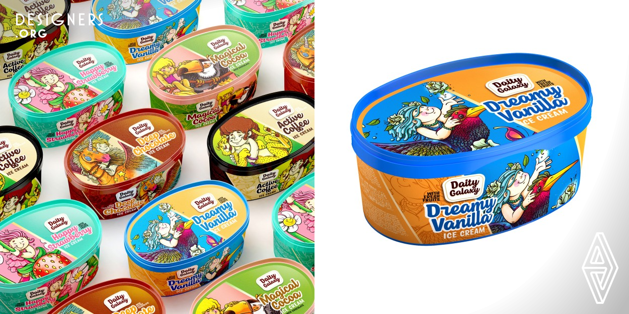 Welcome to the world of fantasy and wonder. In this ice cream packaging design, you enter the mental world of a child. It may seem like this idea is only for children, but this fantasy design style takes everyone into a children's fantasy world. The cheerful colors and different illustrations each tell a story that makes everyone imaginatively enter childhood. This design has many details that make the viewer more interested and curious. One of the features of this design is the use of the watercolor technique in the illustration section of the design.