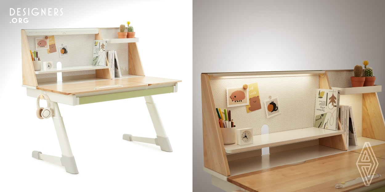 The study desk is equipped with 52 to 79cm height adjustment, which can be changed according to the child's height. The desktop can be freely adjusted at an angle between 0-50 degrees. The ruler specially designed for the inclined desktop can be magnetically attached to the upper and lower parts of the desktop to assist users in painting, reading, writing and other activities. The unique desktop area division helps children develop good sitting habits, improves comfort and learning efficiency.