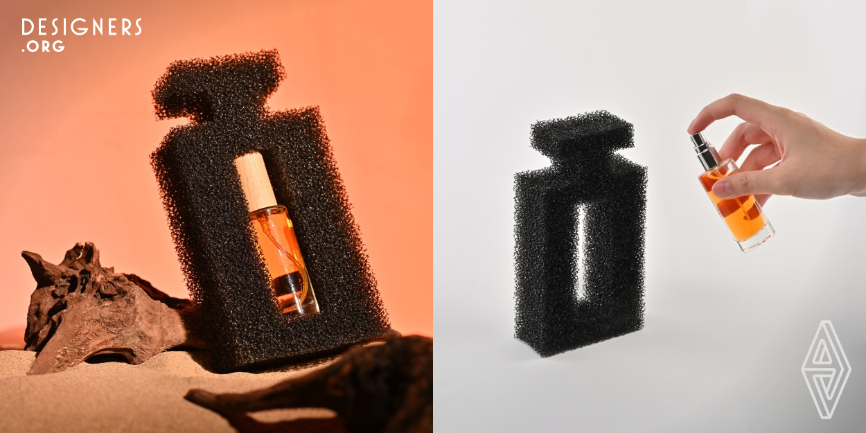 This design aims to propose a new environmentally friendly approach, using packaging as a part of the product itself to reduce material waste and production costs. In this aromatherapy diffuser design, the sponge is both the packaging lining and the diffuser itself, fully utilizing the soft, cushioning, and porous properties of sponge. Due to the porous nature of sponge, fragrance liquid can evenly adhere to its surface, making the aroma more lasting and charming. This design integrates packaging and products, which is in line with the concept of sustainable development.