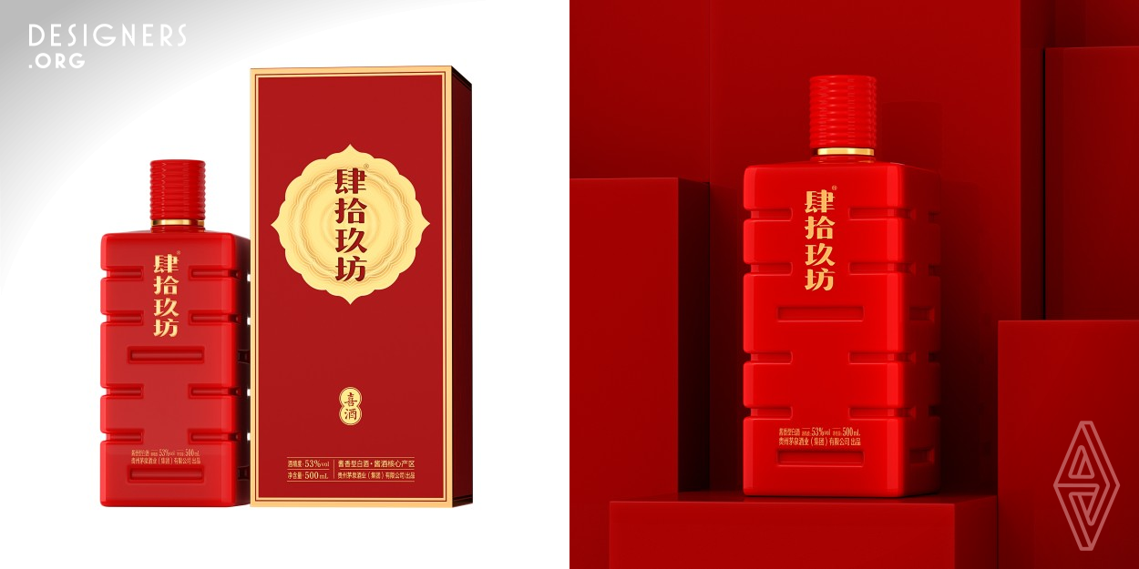 The intricately designed bottle, adorned with the Chinese character "Xi" from four perspectives, symbolizes happiness and delight. Its vibrant Chinese red hue makes it fitting for celebratory occasions. The harmonious blend of round cap and square body reflects ancient Chinese philosophies. When paired, the bottles evoke the cherished symbol of double happiness, representative of traditional wedding customs. This design not only honors cultural heritage but also enhances user experience, providing a uniquely ergonomic structure for effortless handling.