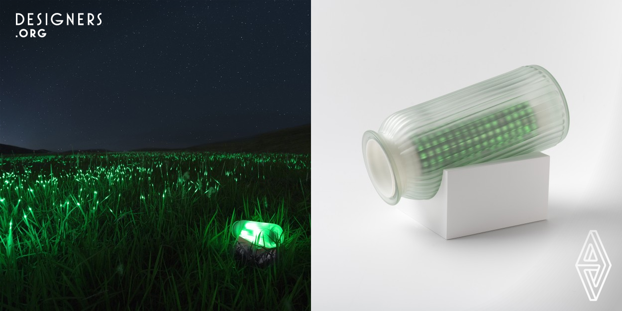 During an outdoor construction, the design team observed that when a laser from gradienter sweeps across the grass, it can create a magnificent visual spectacle. This outdoor lighting uses a linear laser to sweep across the grassland in parallel and illuminate it, causing the entire grassland to shine with scattered green light spots. When in use, the light dots fluctuate up and down, as if the grass is dancing gracefully, like spirit of earth. This design aims to achieve more grassland lighting and richer visual experience with less energy, adhering to the concept of sustainable development.