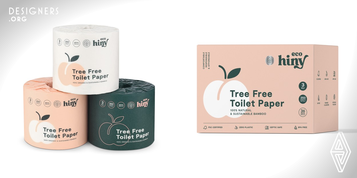 Can a toilet paper brand be cool and fun? EcoHiny is 100% organic bamboo, FSC certified and as eco-friendly as possible. The brand symbol is a peach, colors and typeface choices reflect the fun, natural and the soft nature of the product. Aim was to differentiate the brand from others on the market by using a unique color palette. Deep blueish green hue, paired with peach, gives a playful personality, also conveys a sense of eco-friendliness and sustainability. These design choices communicate with the target customer group instantly and creates a bond between the brand and the customer.