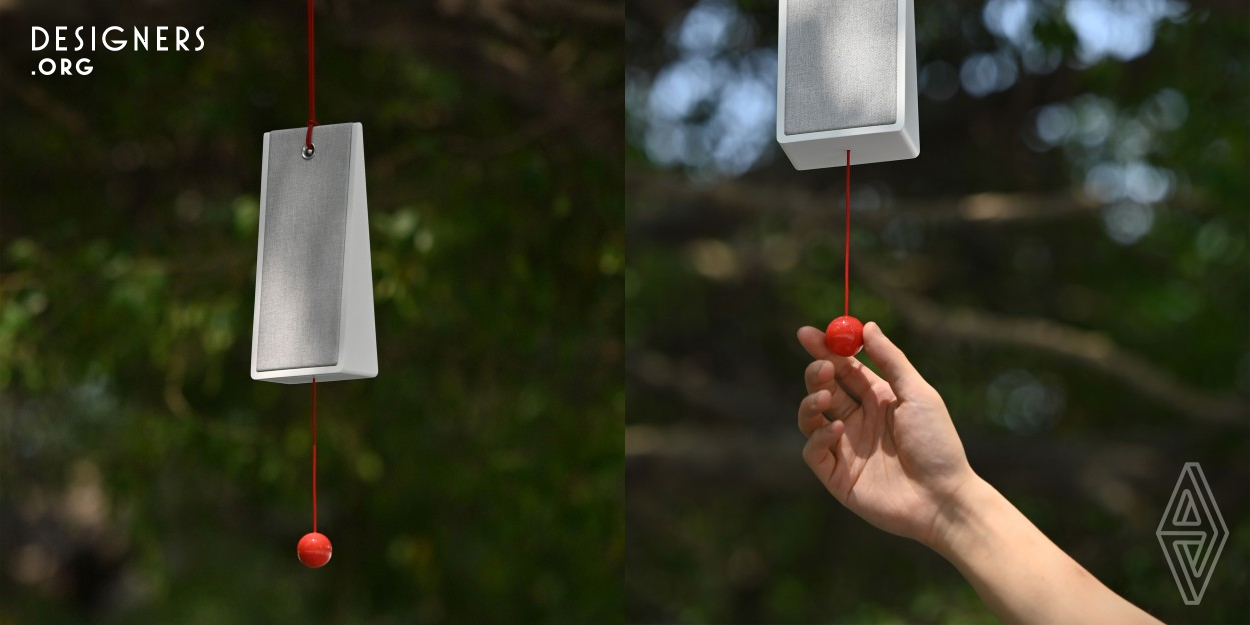 This thin outdoor speaker can be carried around easily and used in camping and similar scenarios. It can be freely hung on surrounding branches, and music can be played by pulling the red ball. As the speaker swings and rotates in the wind, music seems to become more ethereal and pleasing to the ear. This design breaks the fixed mind-set that speakers must be placed on the ground, making it more closely integrated with the natural environment, allowing users to enjoy music more easily and comfortably outdoors. 