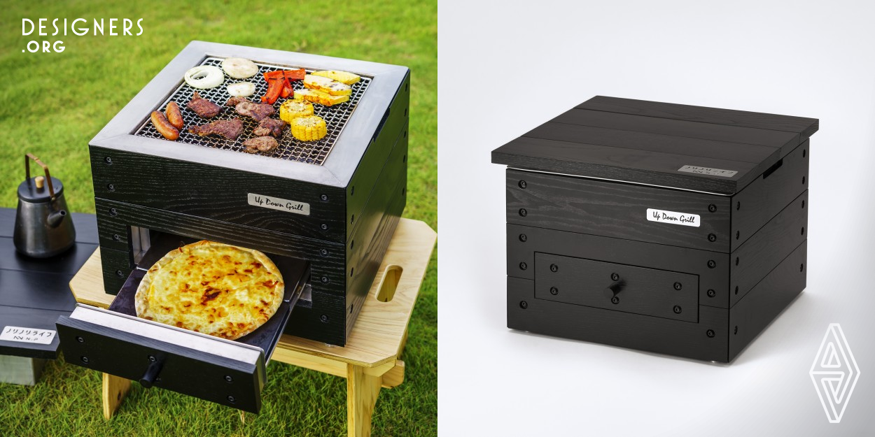 Portable oven that can be used with a single heat source on top and bottom for preheating time and enjoyment of BBQ, etc. The wood frame makes it lightweight and safe to touch during use. The ventilation openings between the wood frame and the oven allow preheating to be completed in about 20 minutes without fanning with a fan due to the chimney effect. The lid, which can also be used as a table, can be used to safely extinguish a fire by simply covering the ventilation openings. The main body and wood frame can be separated so that the metal parts can be washed entirely.