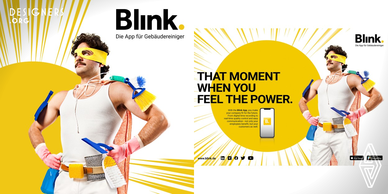 Thanks to the innovative Blink App, building cleaners have their processes under control and all in real-time. In the image campaign, this empowerment is vividly portrayed through the transformation of users into superheroes or action figures, equipped with specialized cleaning accessories. The meme-inspired message "That moment when..." adds a touch of humor to the motifs. This bold visualization creates a striking contrast in the otherwise reserved cleaning industry, capturing attention in the product.