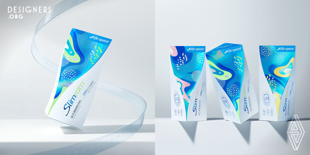 This probiotic product is specifically designed for women's waist slimming. The packaging structure simulates the waistline of women, allowing consumers to perceive the waist-slimming functionality of the product. The dynamic and diverse patterns on the packaging surface, reminiscent of the fascinating transformations of the human  microecology, are complemented by the brand's blue color and various bright complementary colors, achieving a balance between professionalism and fashion.