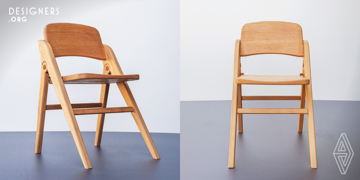 A very simple, clean and unique design for a chair, focused on comfort and elegance, made to compose a domestic or corporate environment such a dining room or meeting office. Most of folding chairs are based only on functionality, leaving comfort and aesthetics in the background, this proposal trying to cover all of these needs. Built in cedar wood and biodegradable PLA plastic components, just rotate the seat, close the legs and put it away. Its manufacture brings together manual joinery techniques, computerized cutting and digital manufacturing with a 3d printer.