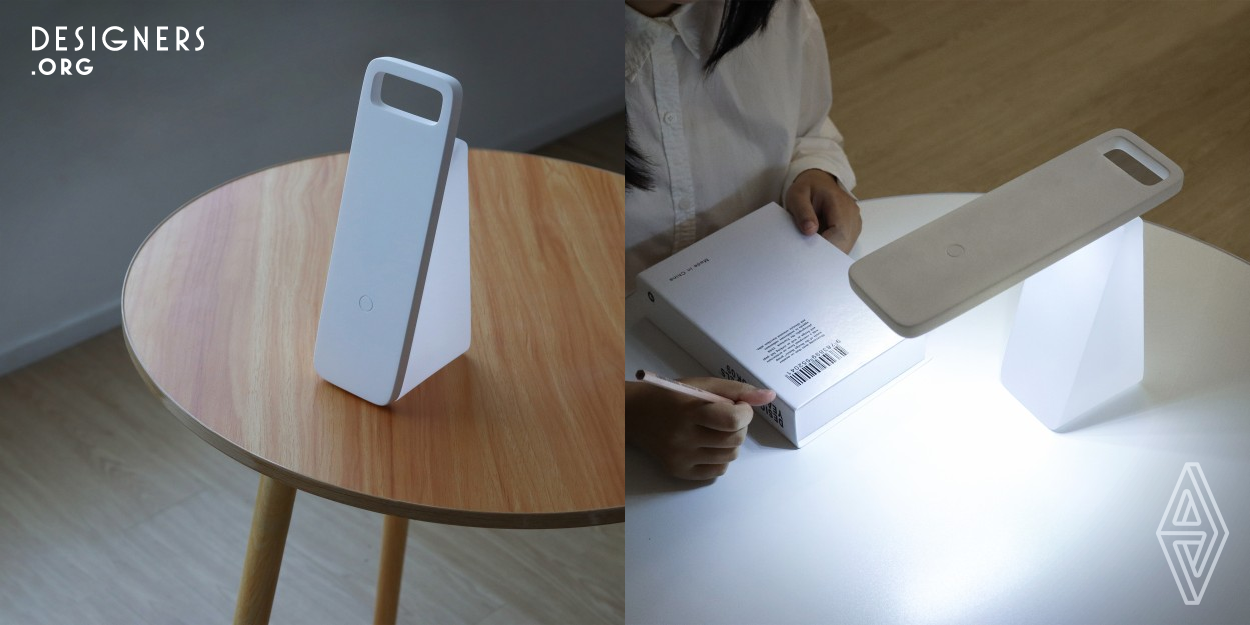 This inventive table lamp blends two lighting methods: eye protection and ambient lighting, catering to varied home needs. Through simply adjusting the lamp head, users can switch modes to suit working or relaxation periods. The focused light of eye protection is ideal for reading, while the diffused light from ambient lighting creates a soothing aura. Thus, this 2in1 lamp truly epitomizes a symbiotic integration of symbolic design and practical utility.