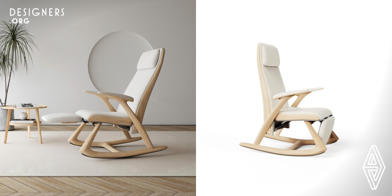 Based on the conveniently adjustable multiple structures, synchronised tilting cushions and backrests, this multifunctional reclining chair provides a simple and friendly experience for older people, enabling them to switch between sitting and lying freely. The appearance design also considers the aesthetic preferences of older users, and incorporating calligraphic elements into the shape of the reclining chair gives it a unique artistic flavour. The soft colour combination adds a sense of warmth to the interior space.