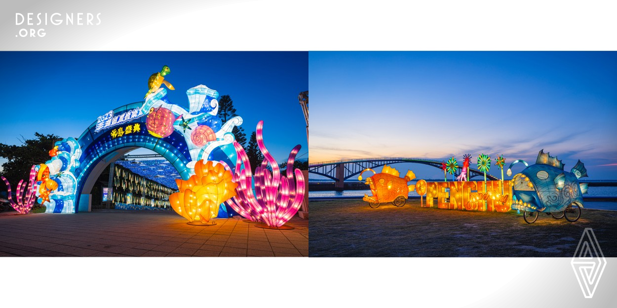 Took the ocean as the inspiration and integrated the characteristics of Penghu to create the exhibition with the theme of the underwater world in the fall and winter. Visitors walk into the light corridor as if they were walking under the sea. Various types of lanterns lead the audience to follow the waves and explore the exciting music festival. Sea creatures swim under the moonlight. The exhibition combines the elements of the ocean and the stars, like the starlight of Penghu at night, surrounding the island.